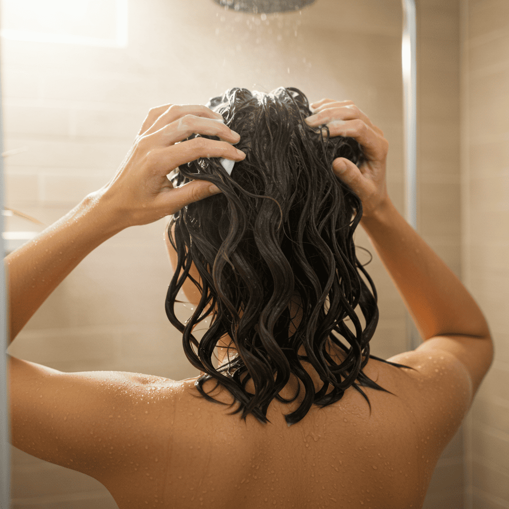 Proper hair washing technique demonstration