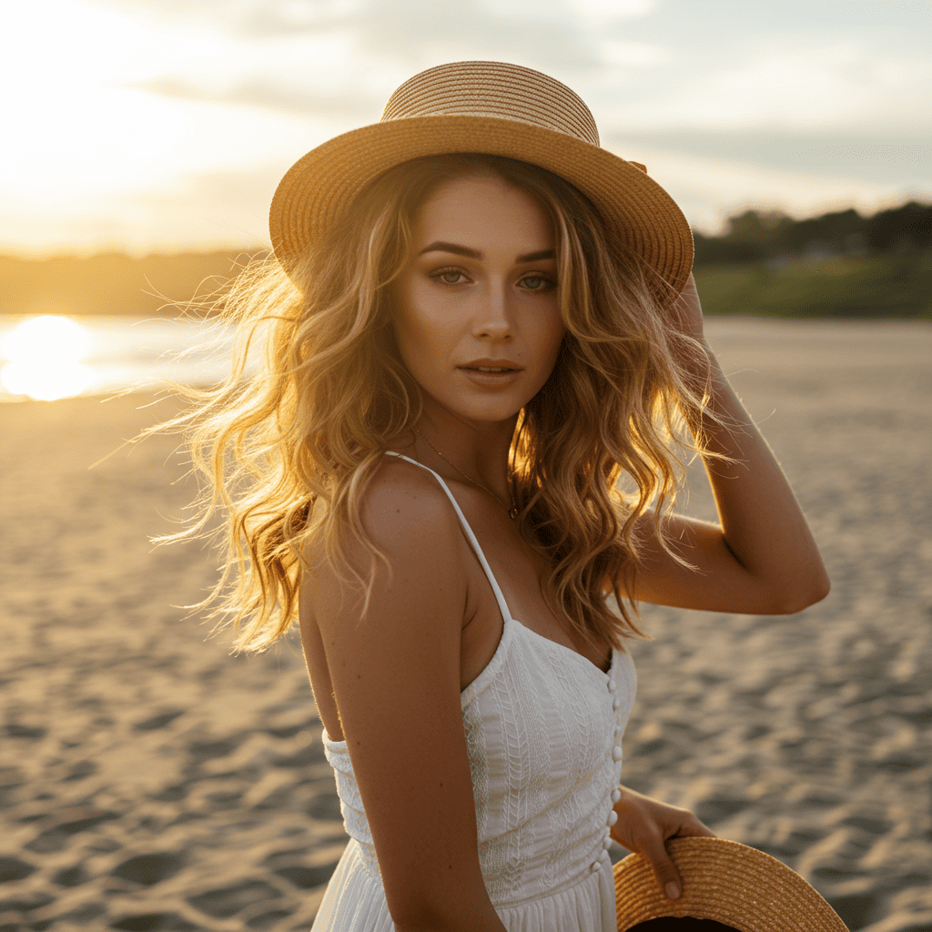 Beautiful woman with natural beachy waves in golden hour lighting