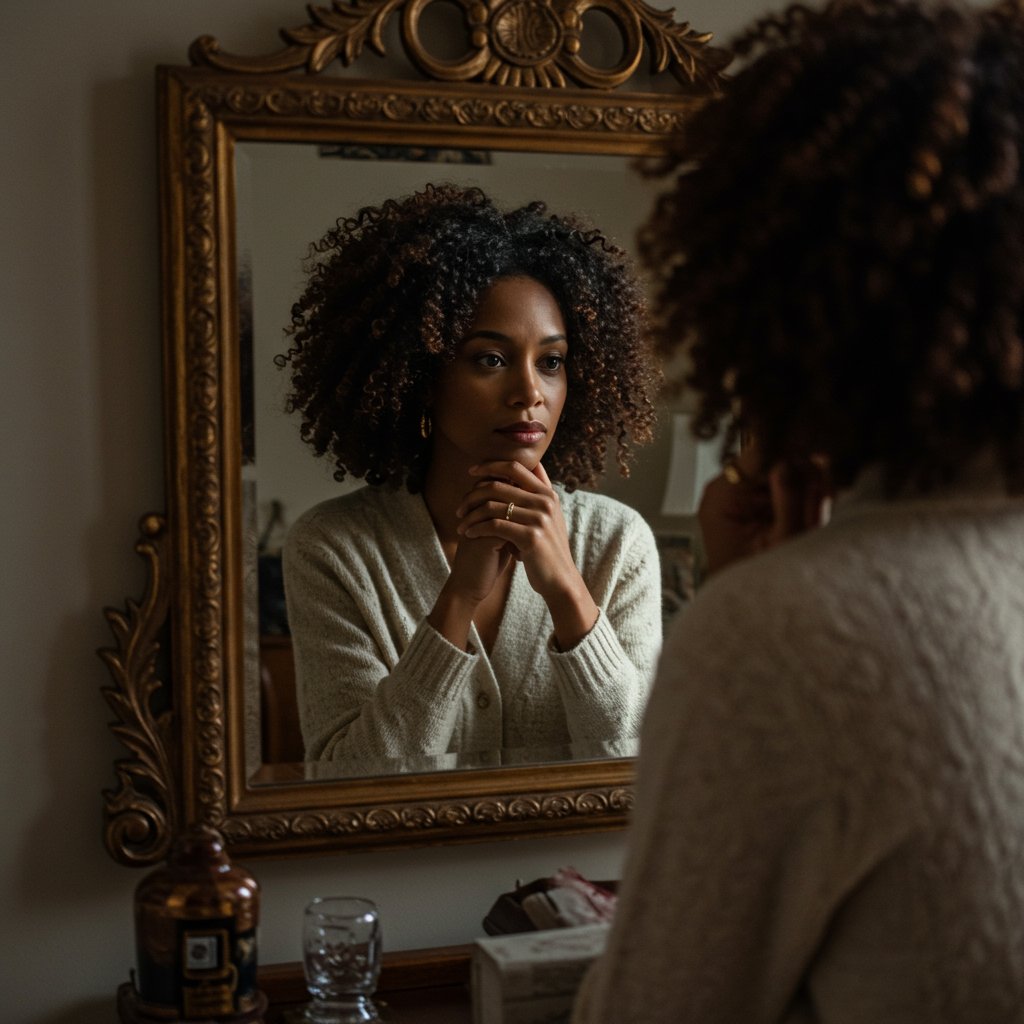 Thoughtful-Woman-Reflecting-On-Hair-In-Mirror