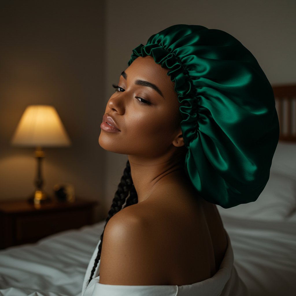 Woman In Silk Bonnet With Knotless Braids