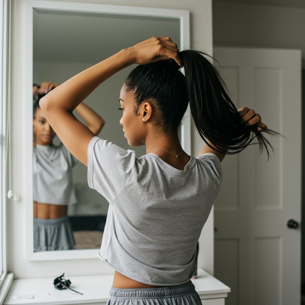 Woman Styling Knotless Braids In Ponytail