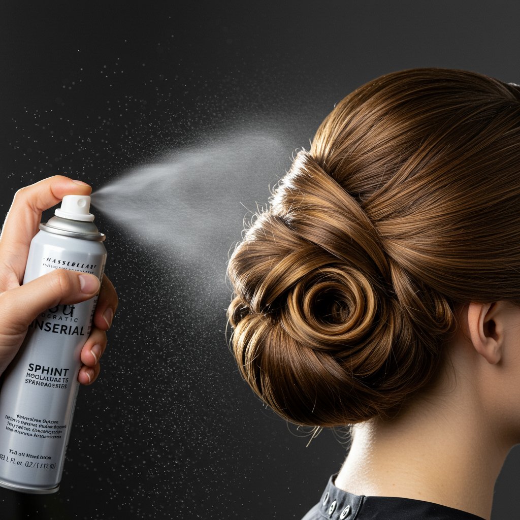 Stylist Applying Shine Spray To Finished Hairstyle