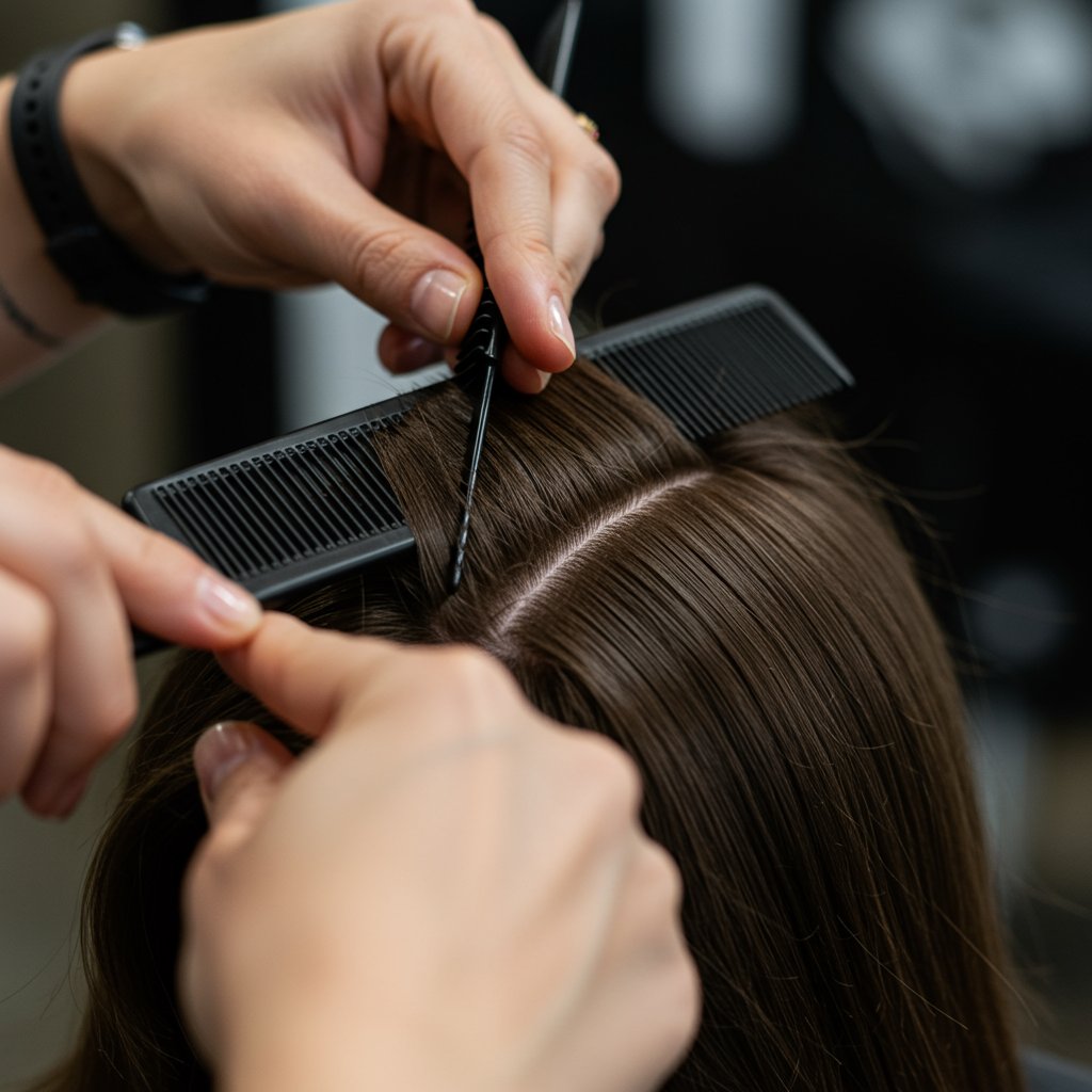 Stylist Teasing Hair At Crown Closeup