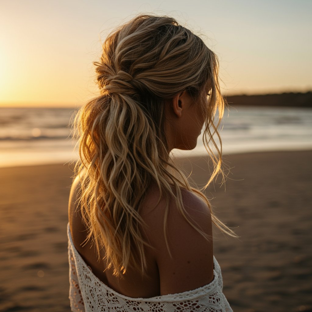 Woman-With-Boho-Textured-Ponytail-At-Beach