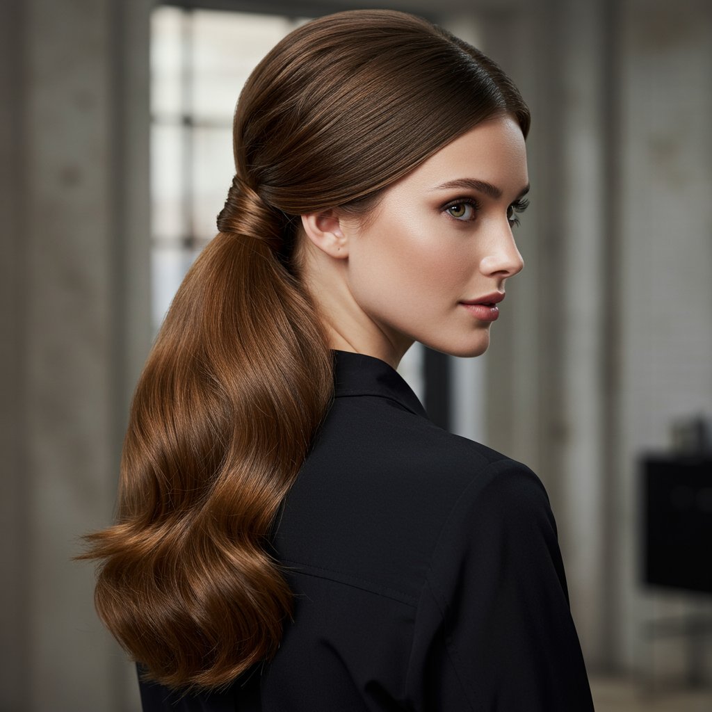Woman-With-Classic-Half-Up-Ponytail-Looking-Over-Shoulder