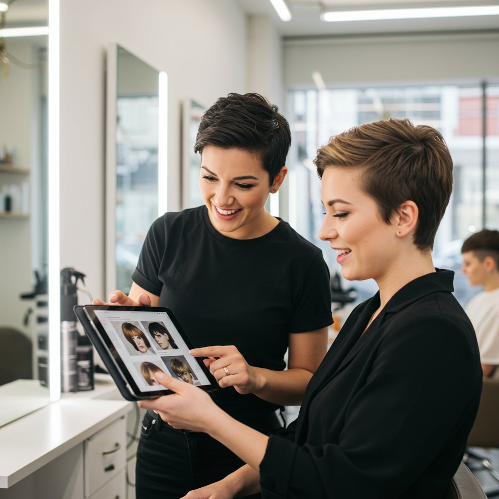 Stylist And Client Hair Consultation In Salon