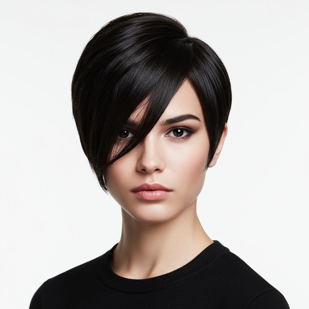 Woman With Heart Face And Sweeping Fringe Pixie