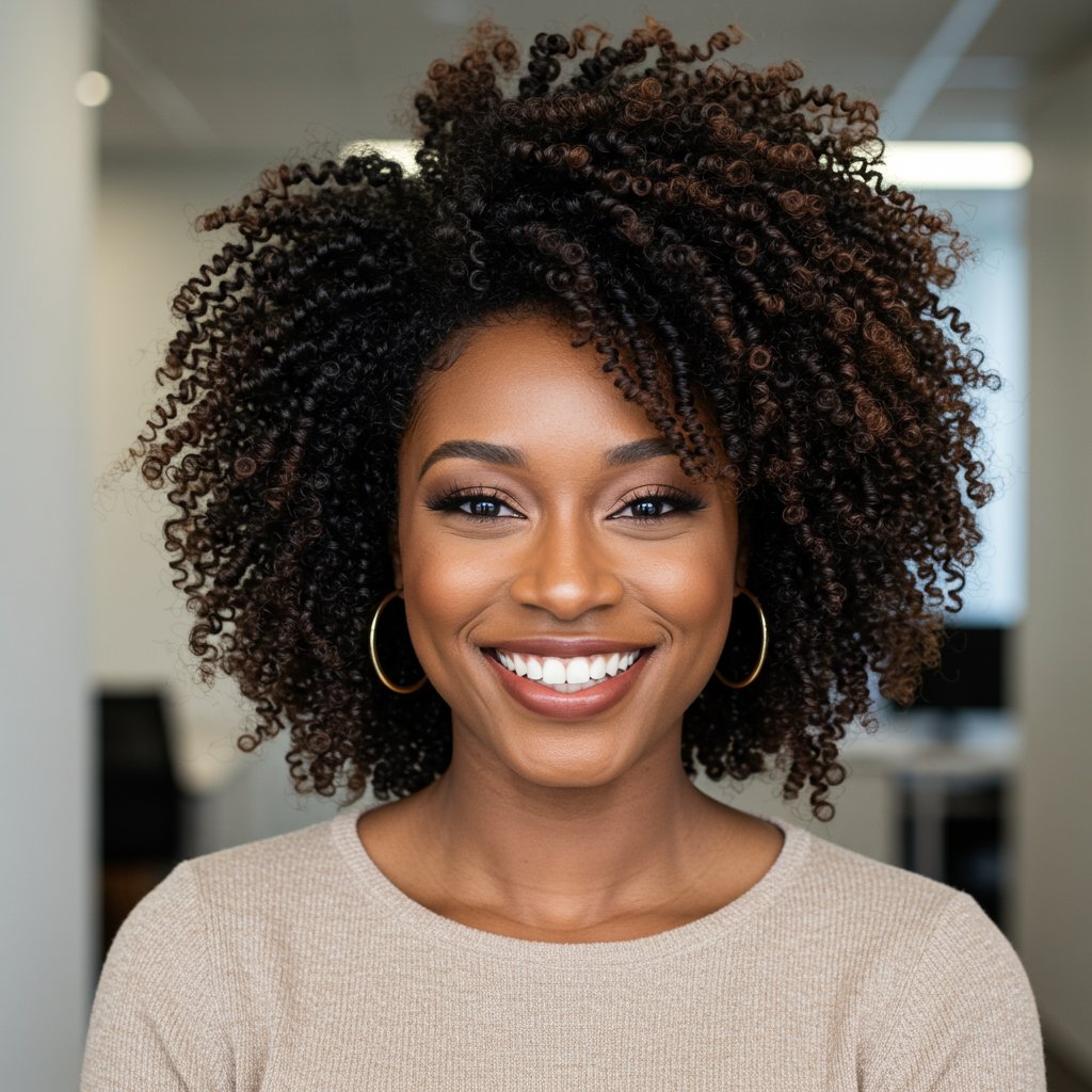 Black-Woman-With-Defined-Curly-Updo-In-Office