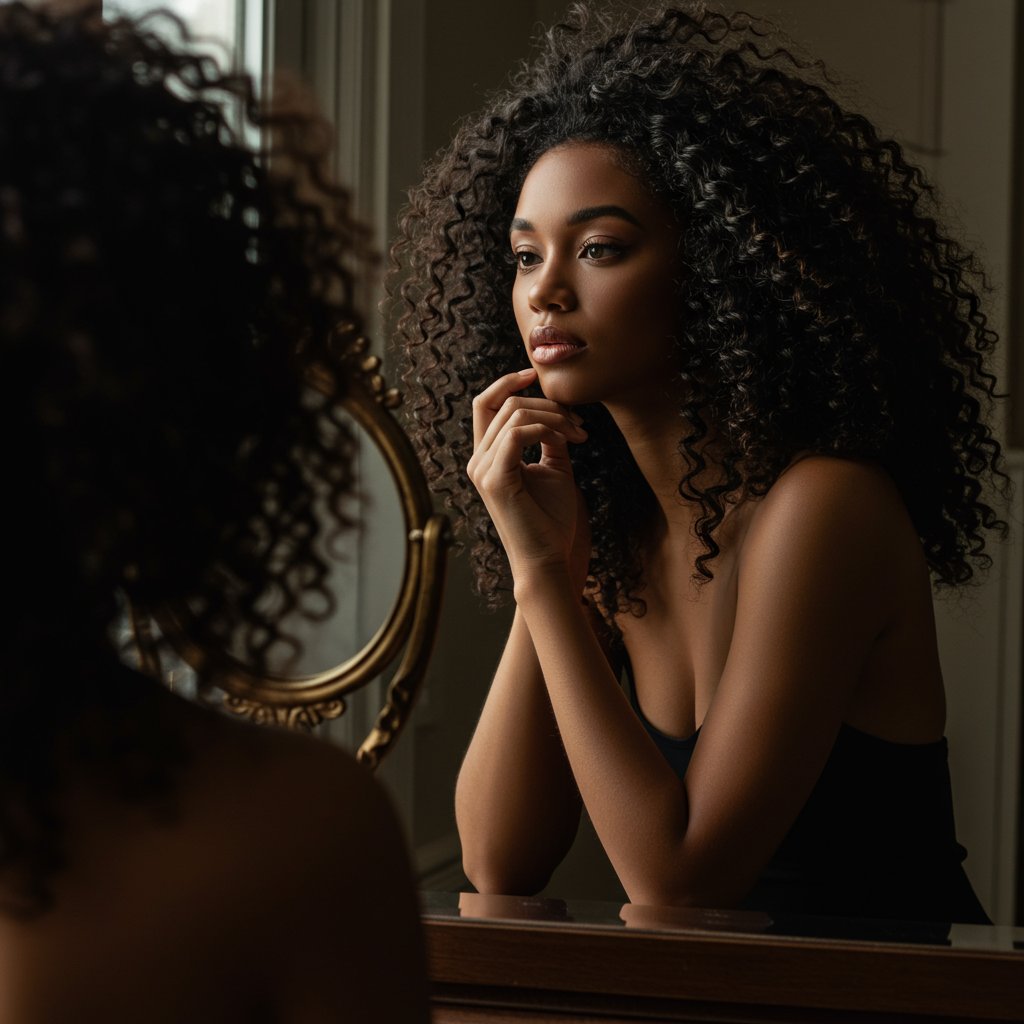 Woman-Reflecting-On-Healthy-Hair