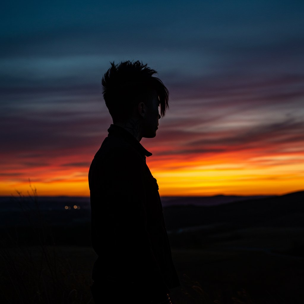 Silhouette-With-New-Haircut-Against-Sunset