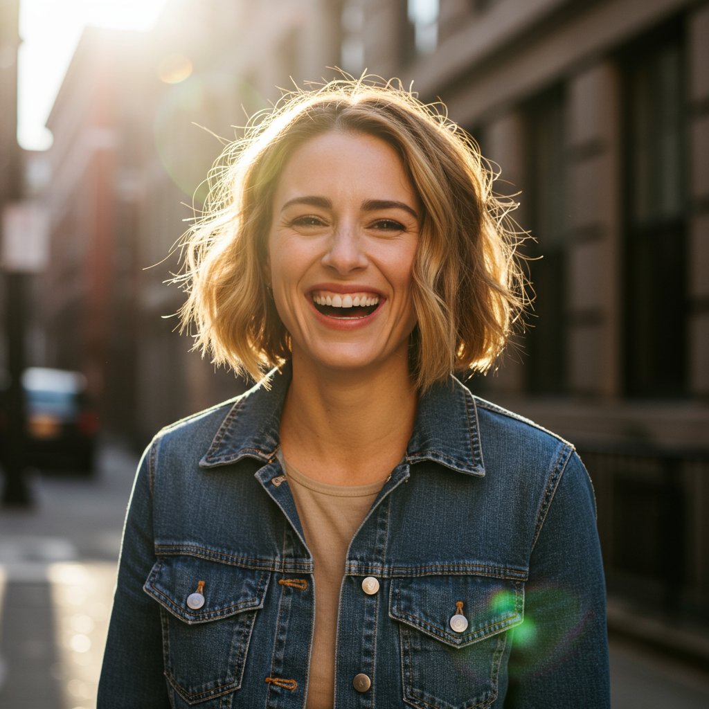 Smiling-Woman-With-New-Haircut-On-City-Street
