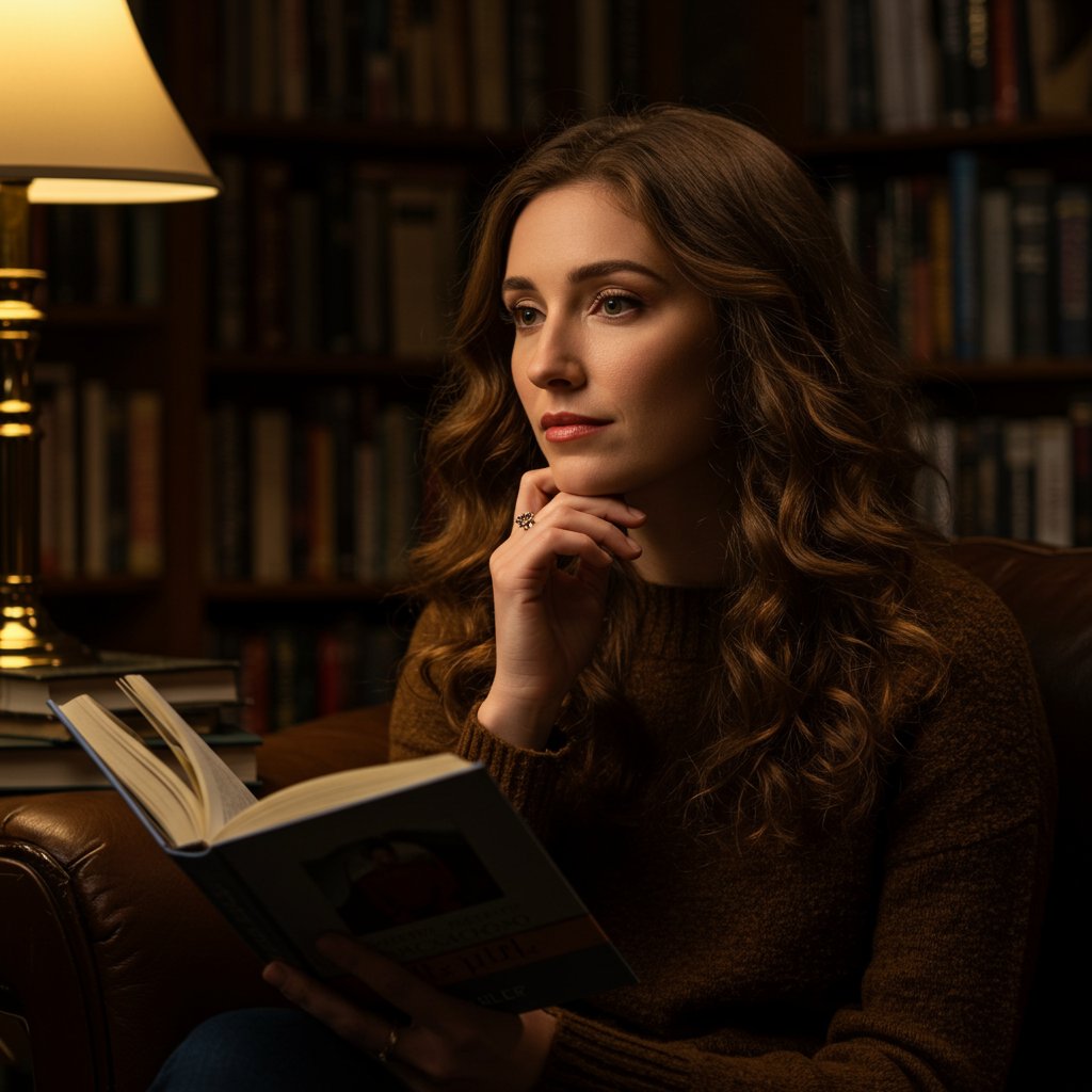 Intelligent Brunette Woman In Library