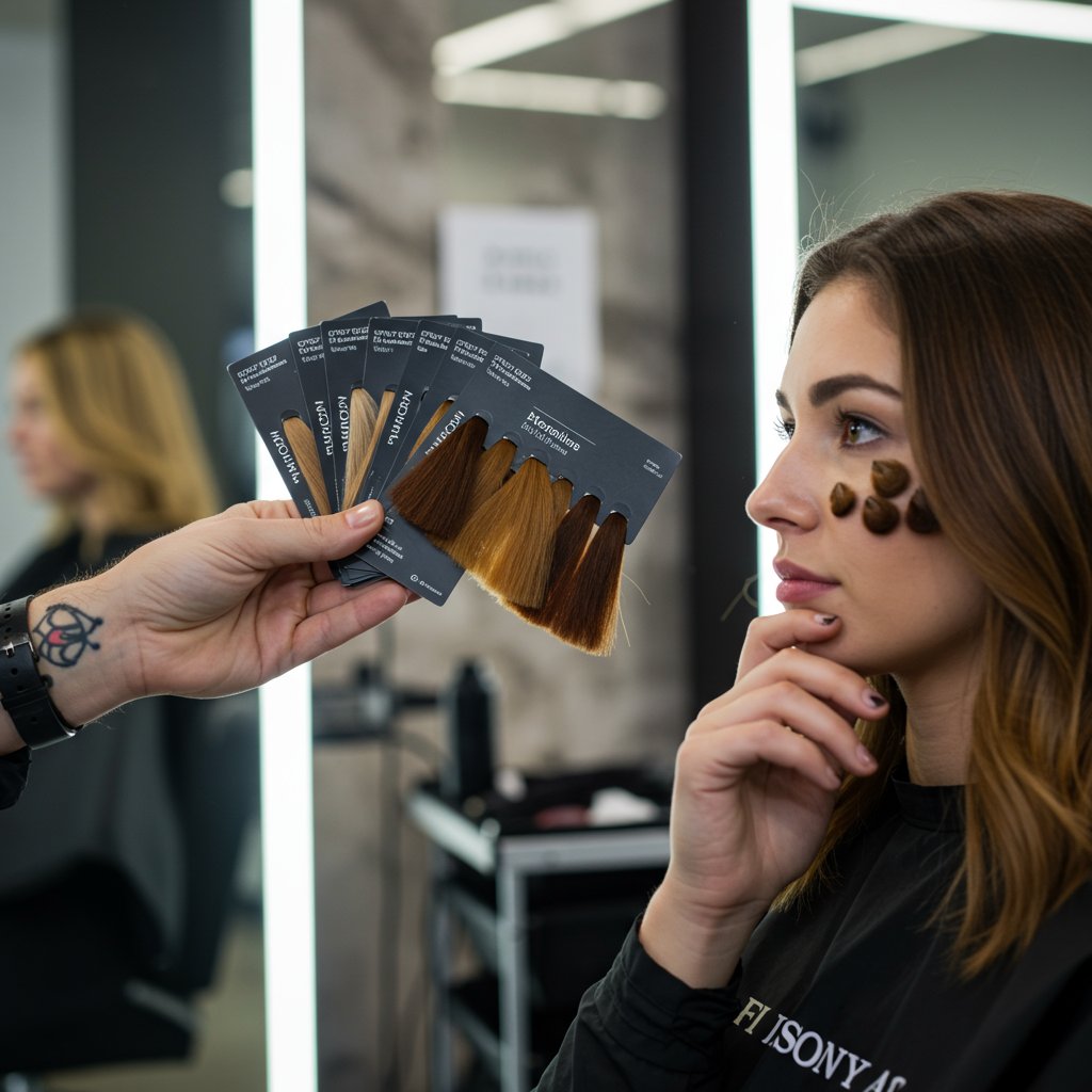 Stylist Consulting Client With Hair Swatches