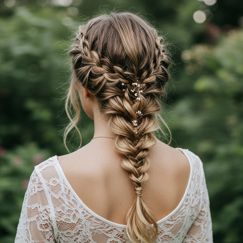 Back View Of Romantic Half Up Braided Crown