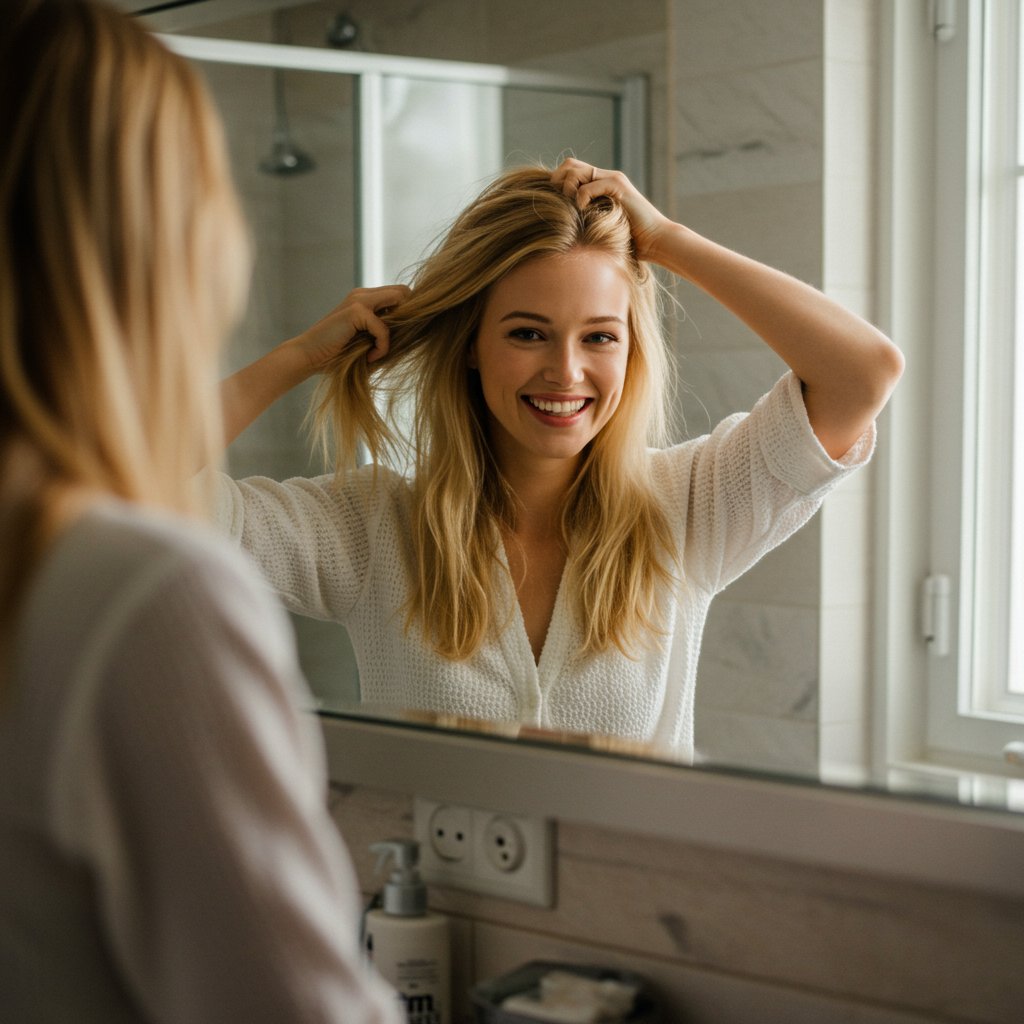Woman In Mirror Doing Half Up Style