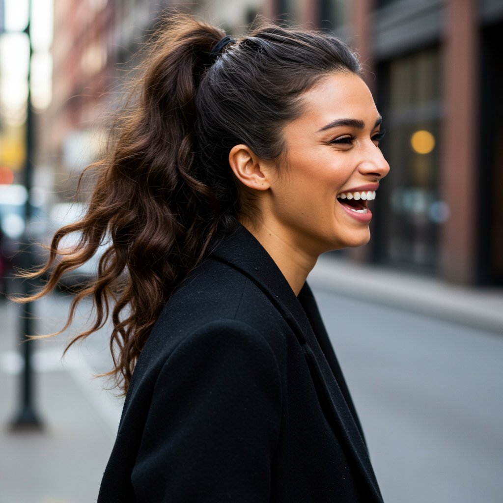 Woman With Bouncy High Half Up Ponytail