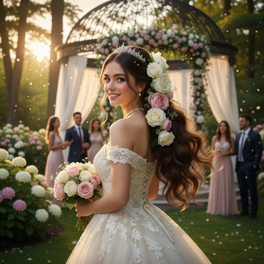 Voluminous Ponytail with Floral Accents