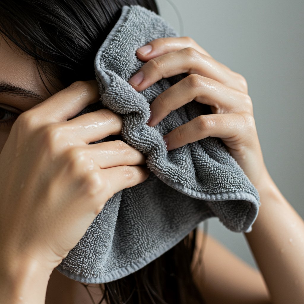 Hands Gently Blotting Hair With Microfiber Towel