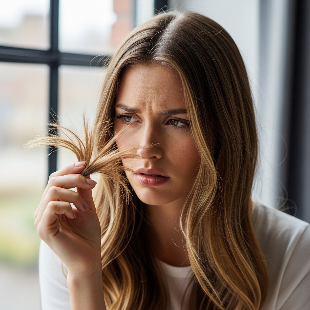 Woman Examining Split Ends In Natural Light