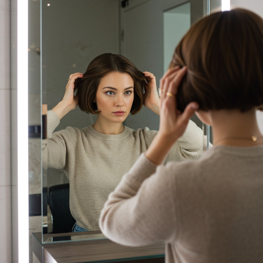 Woman Contemplating Bob In Mirror