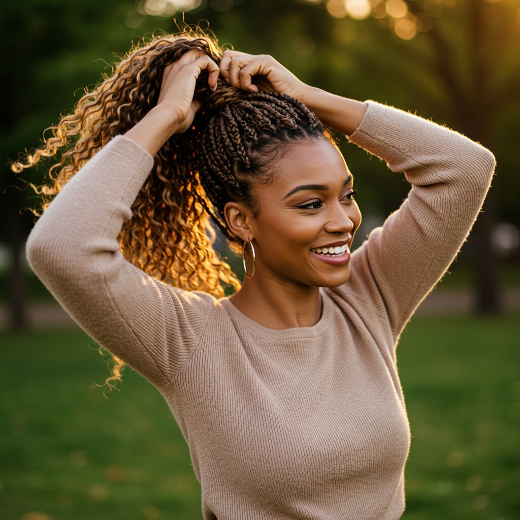 Woman-Effortlessly-Styling-Knotless-Braids-Ponytail