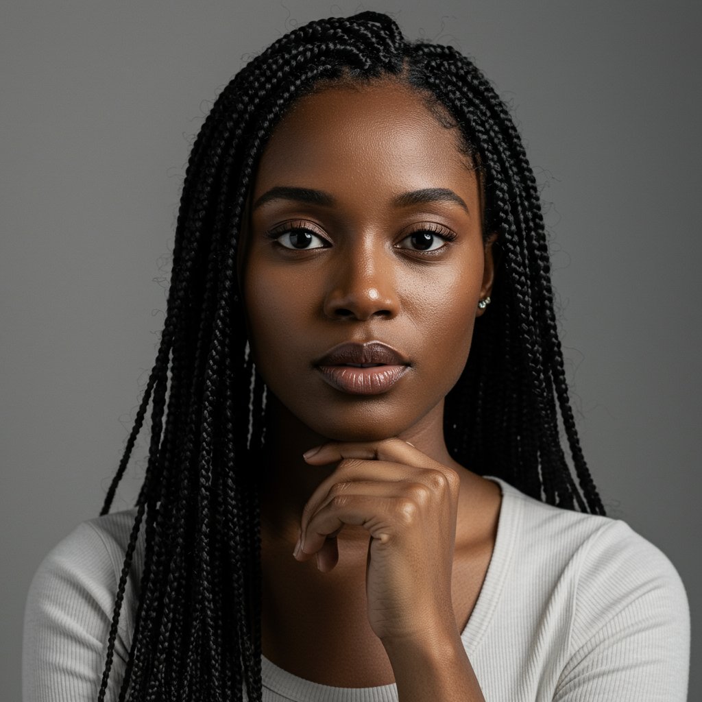 Woman-With-Knotless-Braids-In-Thoughtful-Pose