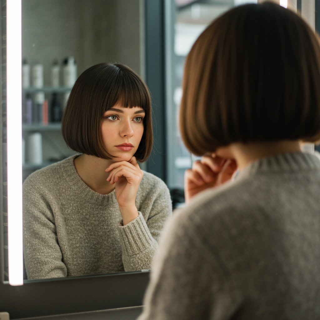 Woman-Considering-Bob-Haircut-In-Salon-Mirror