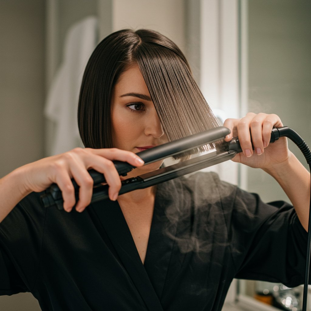 Woman Styling Glass Hair Bob With Flat Iron