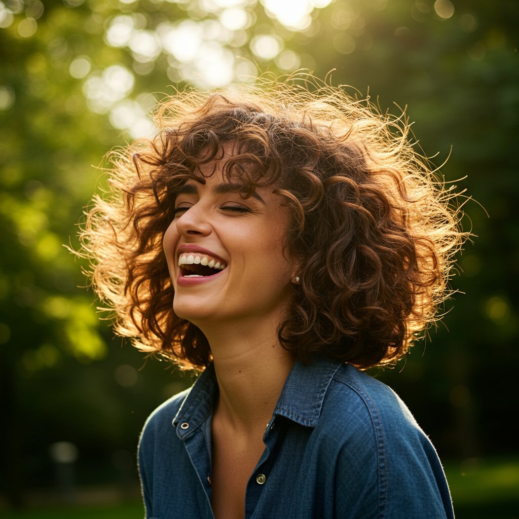 Woman With Curly Hair Bob Laughing