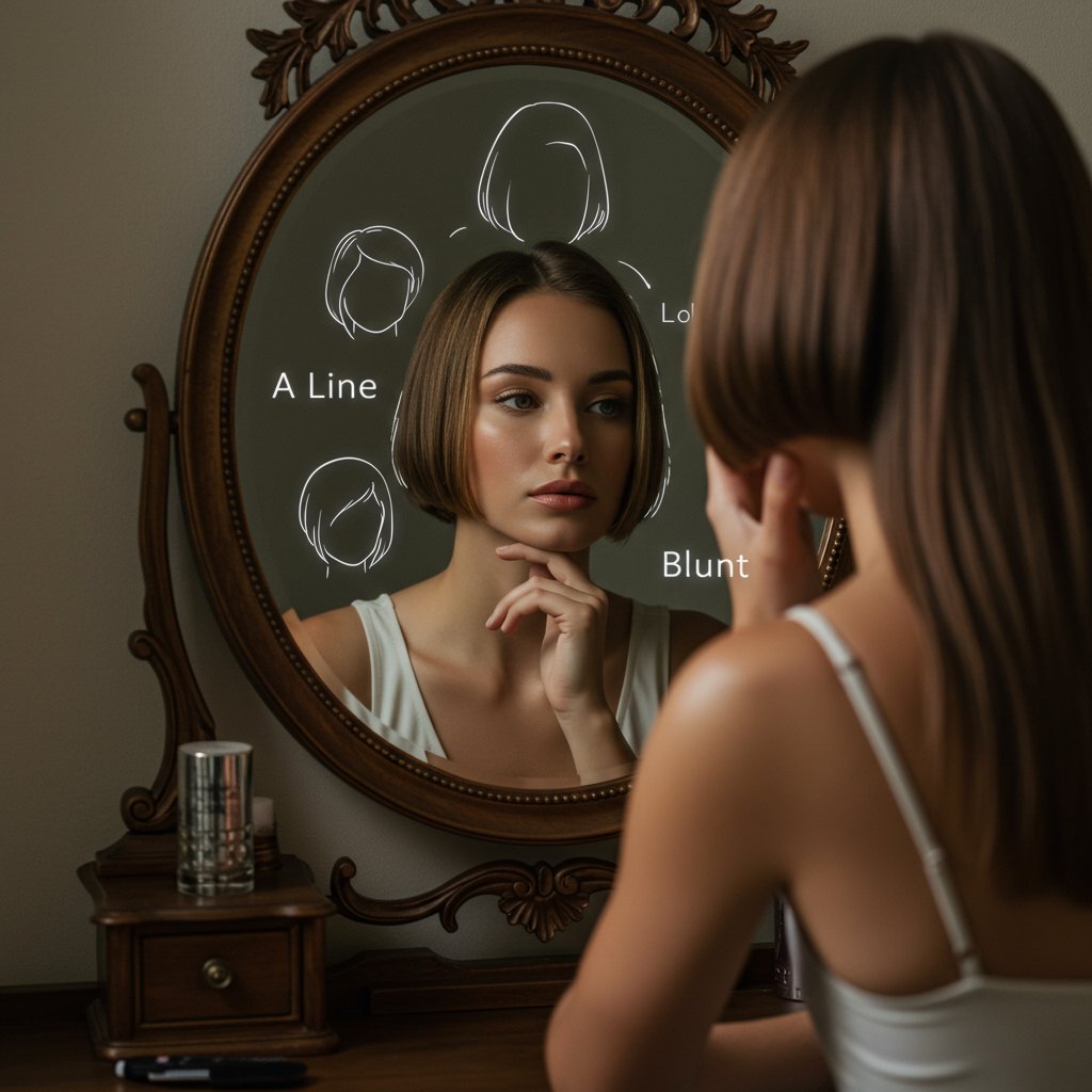 Woman With Oval Face Considering Bob In Mirror