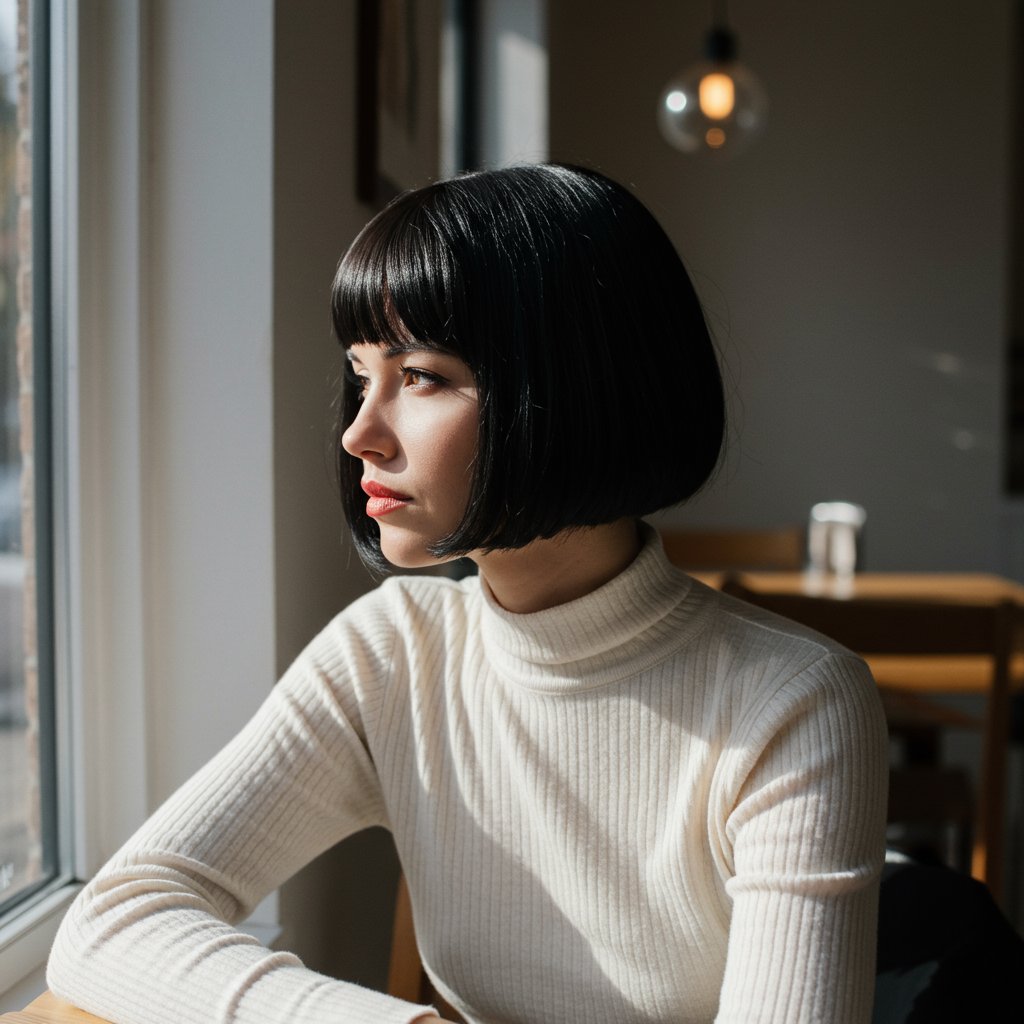 Woman With Sleek Bob In Modern Cafe