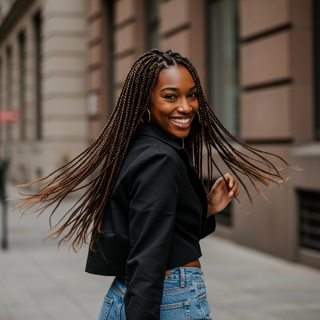 Woman Playfully Shaking Lightweight Braids
