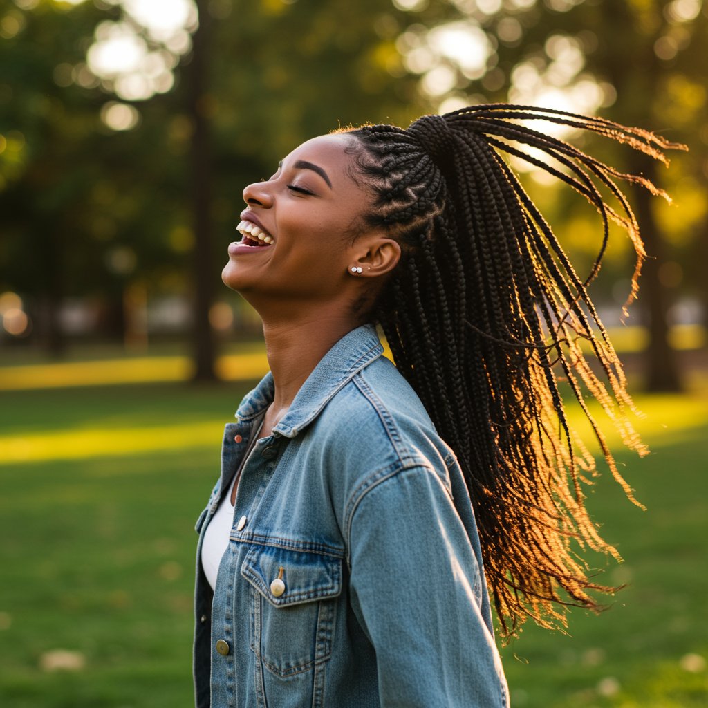 Woman With Knotless Braids In High Ponytail