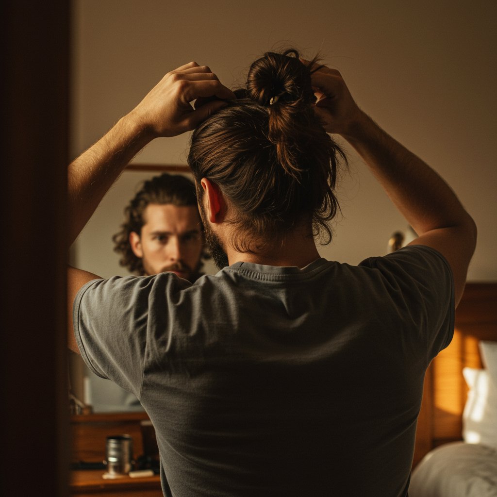 Man-Styling-A-Man-Bun-In-Mirror