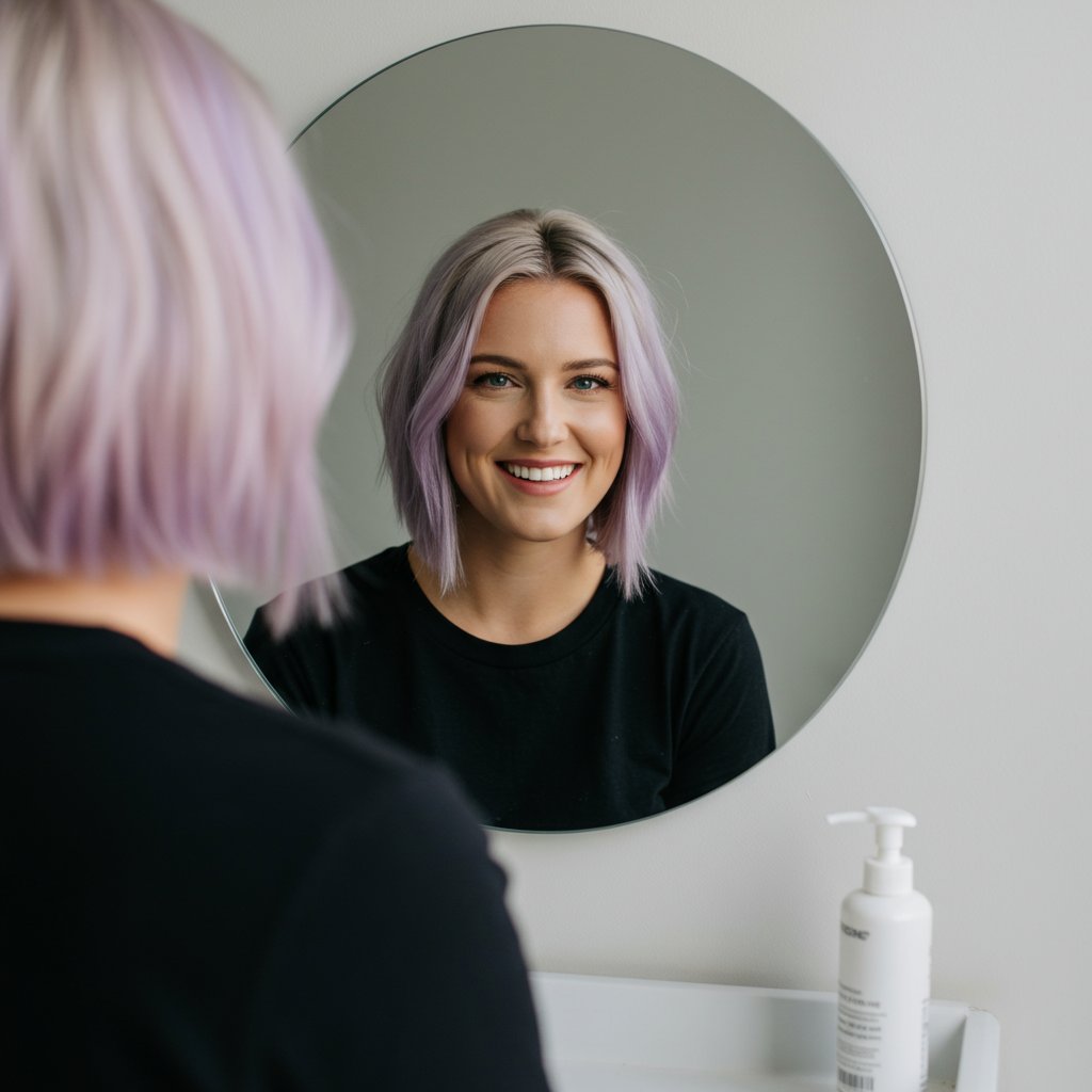 Woman Smiling In Mirror With Lavender Hair