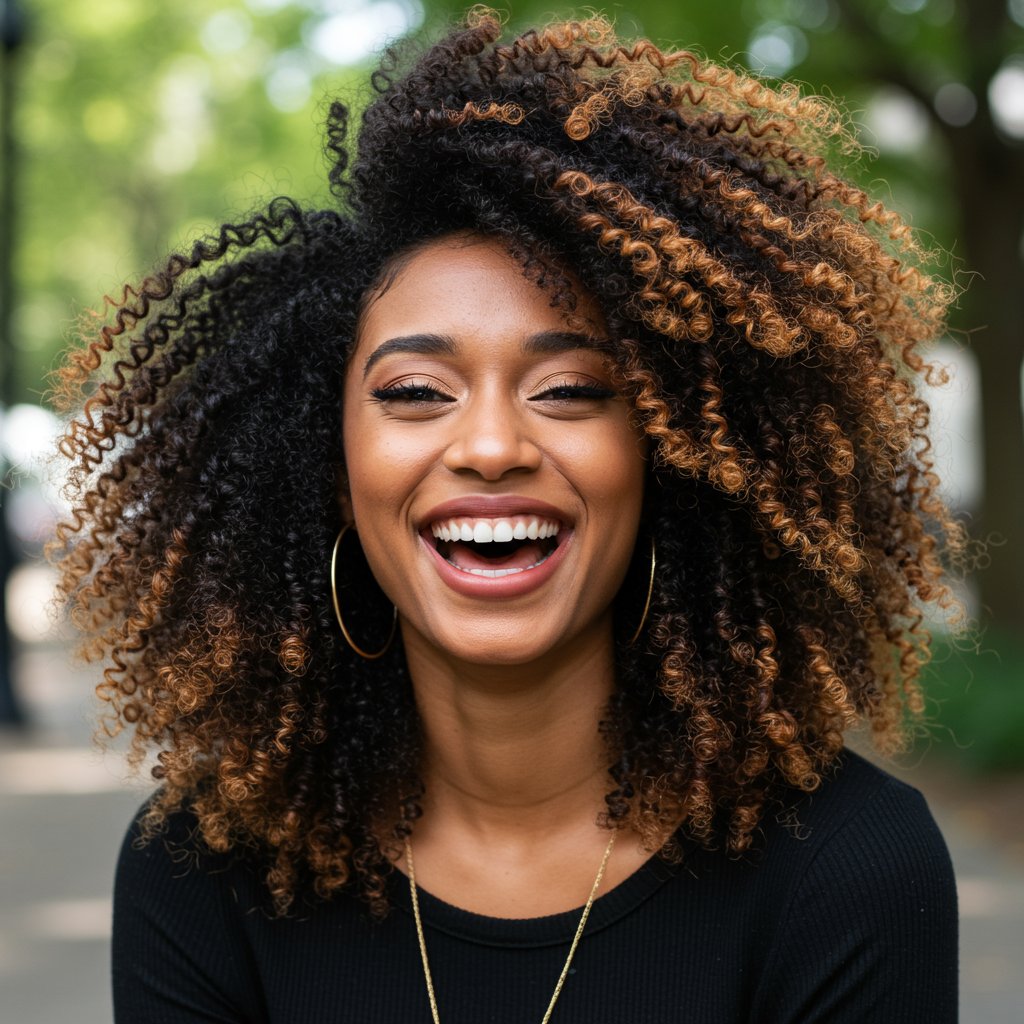 Woman With Curly Hair And Money Piece