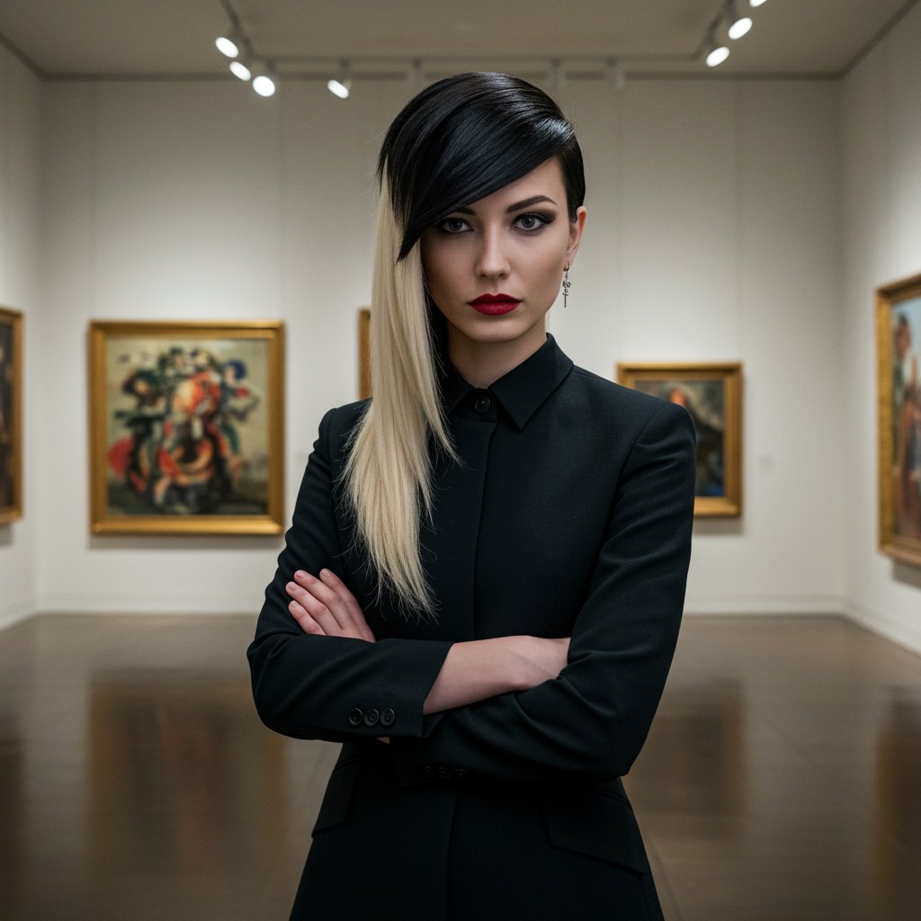 Woman With Asymmetrical Bob In Art Gallery