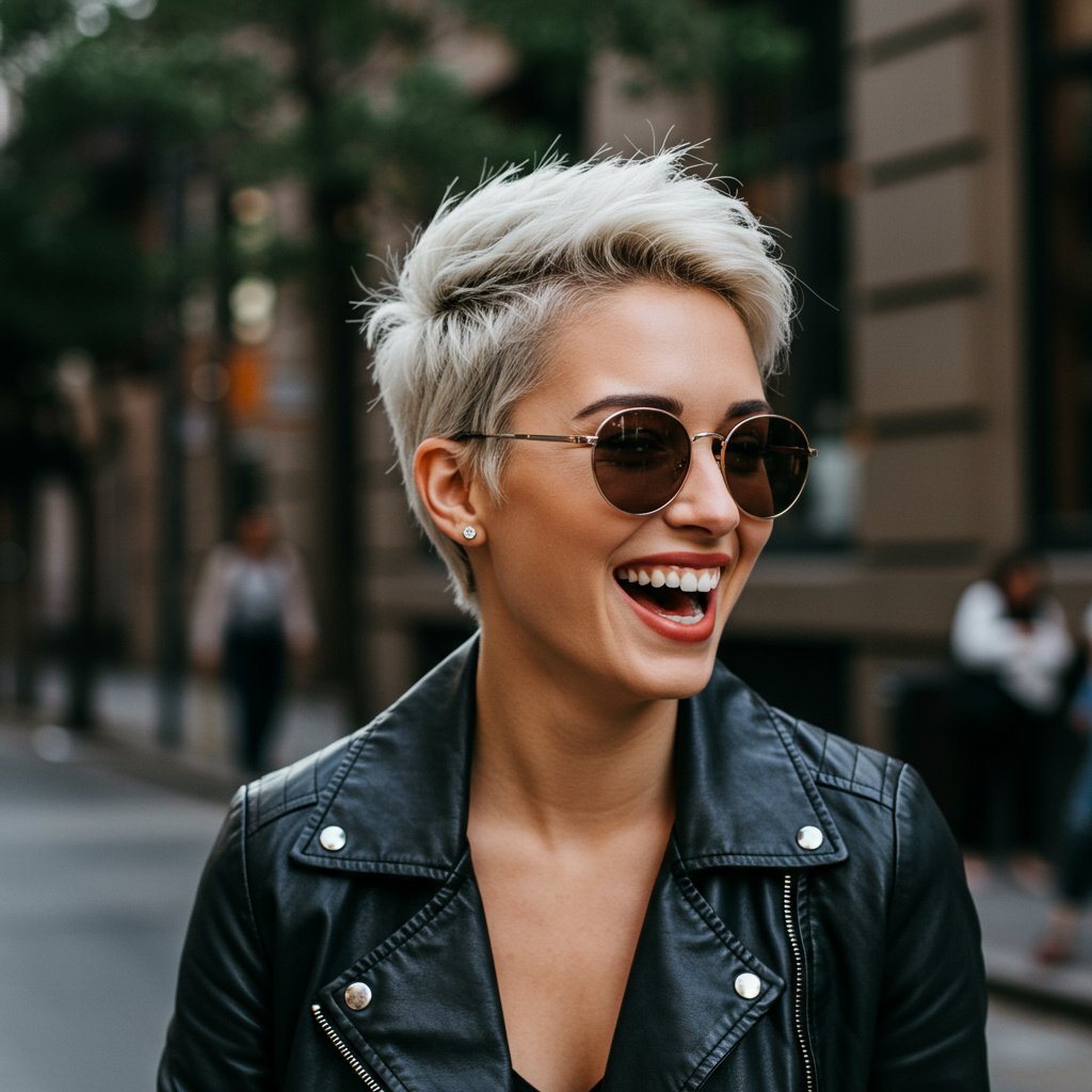 Woman With Edgy Pixie Bob Laughing