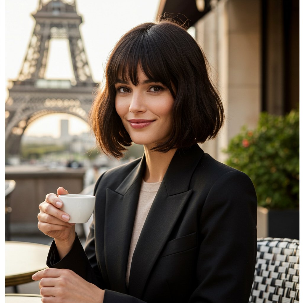 Woman With French Bob In Paris Cafe
