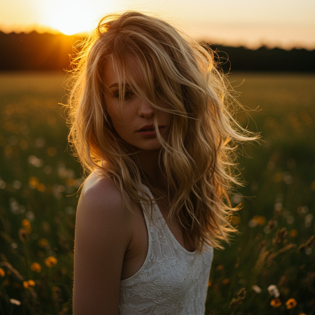 Woman With Shaggy Bob In A Field
