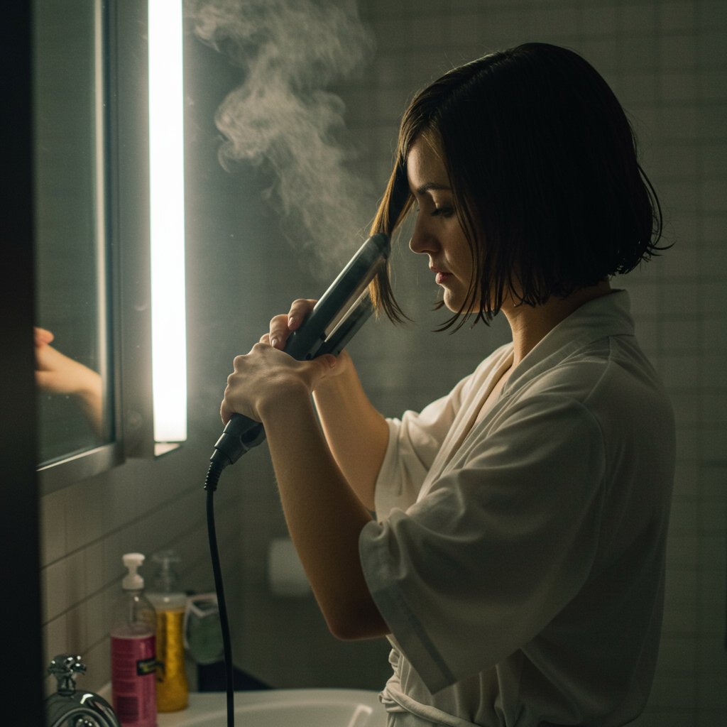 Woman-Styling-Bob-With-Flat-Iron
