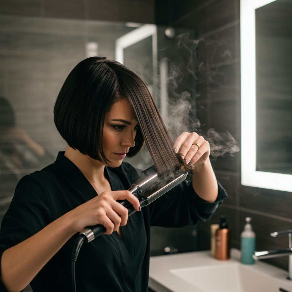 Woman-Styling-Her-Bob-Haircut-With-A-Flat-Iron