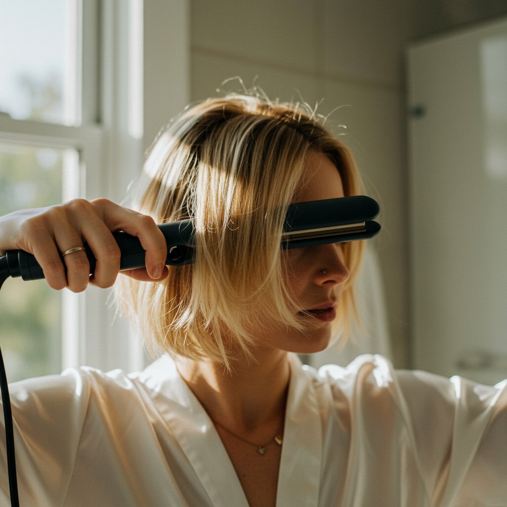 Woman-Styling-Bob-With-Flat-Iron-Waves