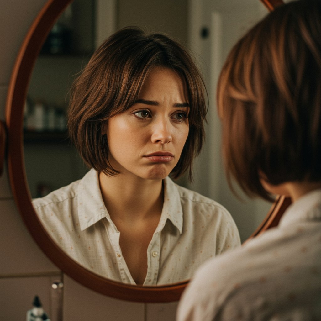 Woman-Unhappy-With-Bob-Haircut-In-Mirror