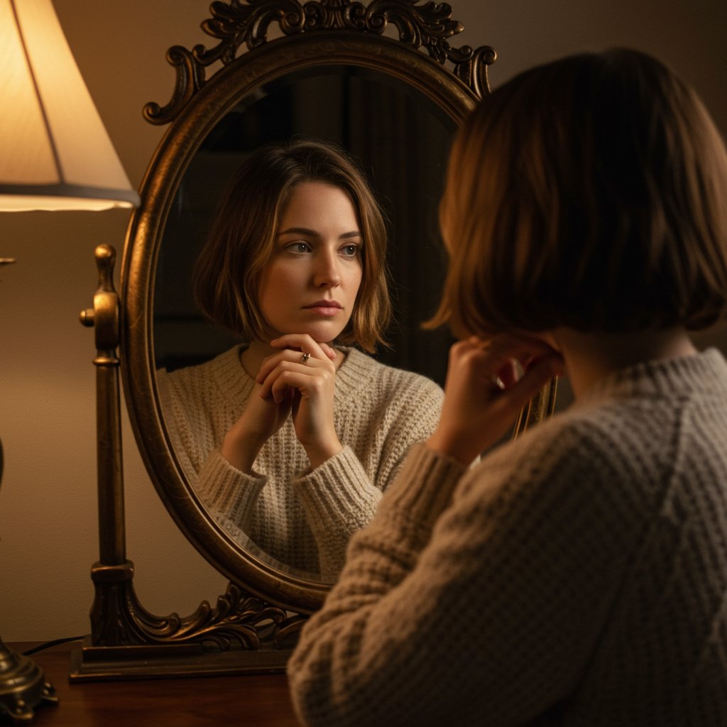 Woman-Considering-Haircut-In-Mirror