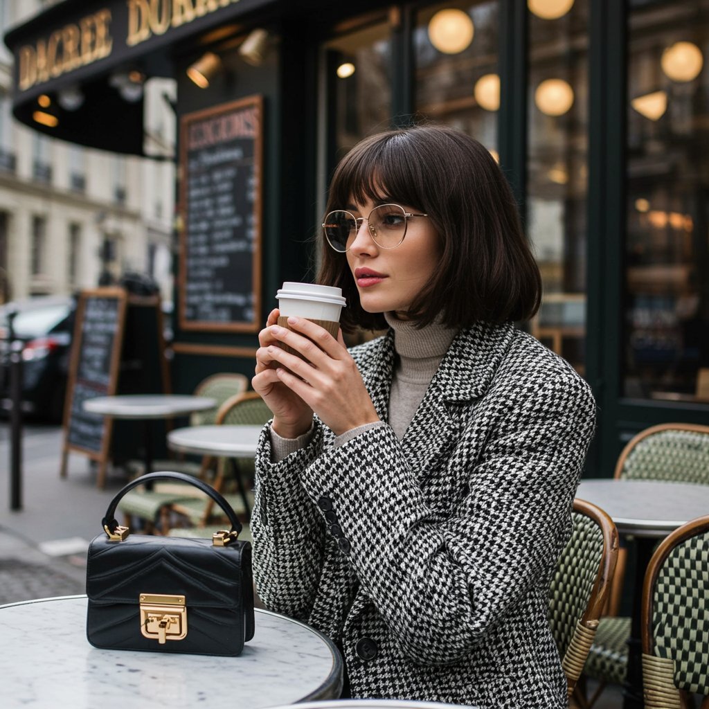 Woman With Chic French Bob In Cafe