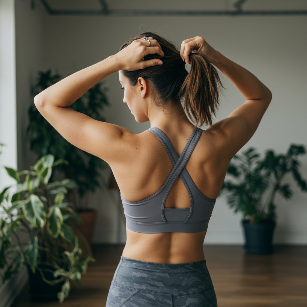 Woman With Lob Hairstyle Tying Hair For Yoga