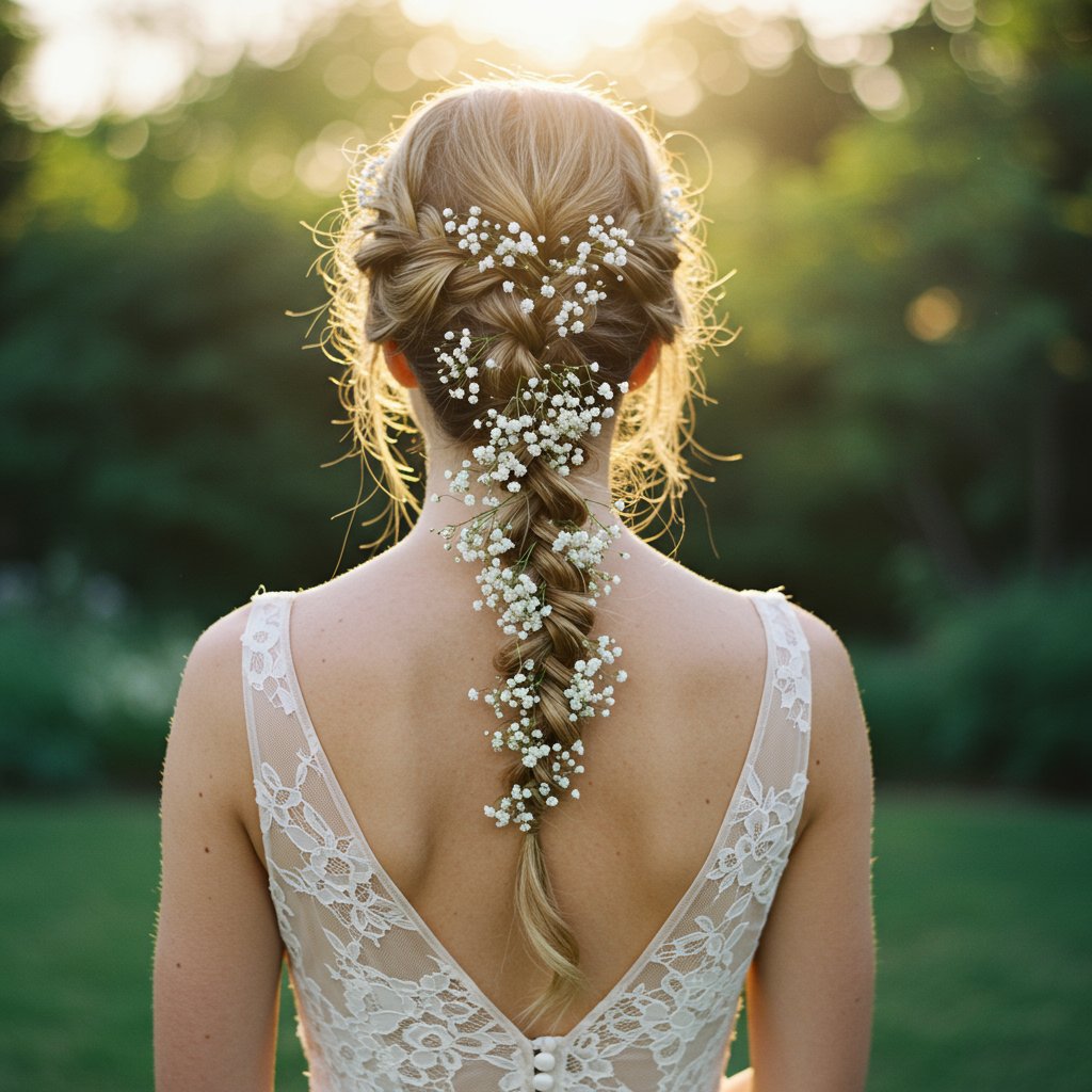 Bride With Delicate Waterfall Braid And Flowers