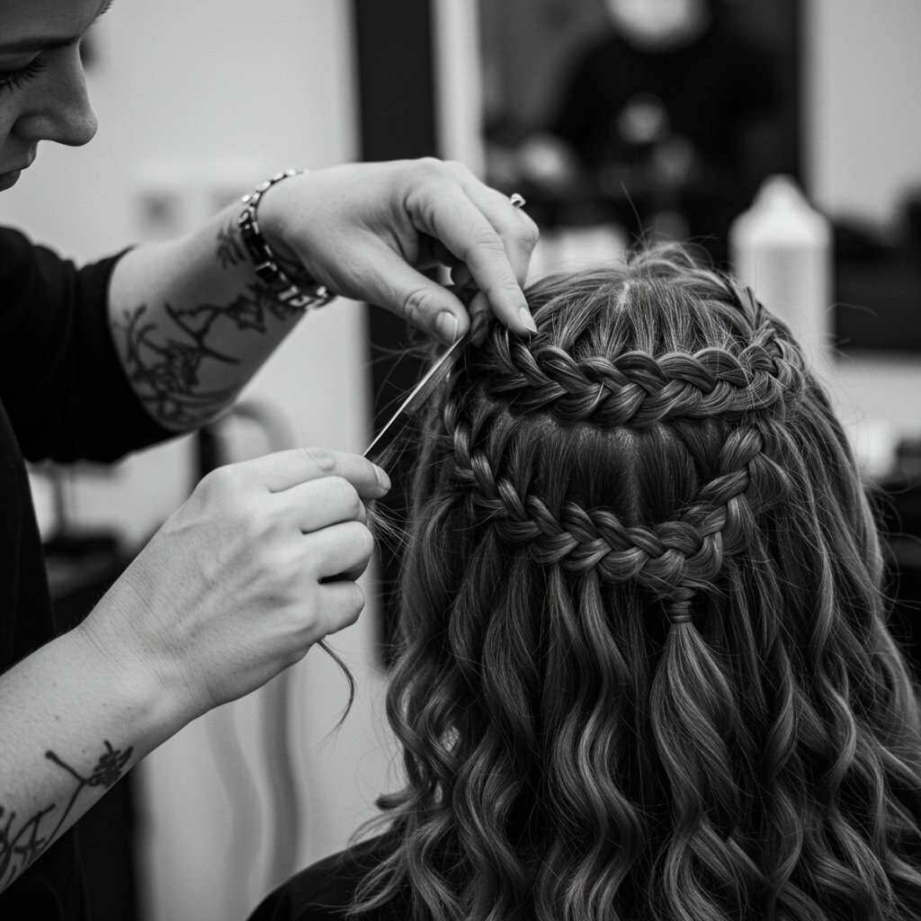 Stylists Hands Finishing Intricate Goddess Braids