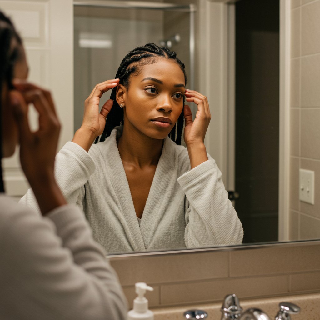 Woman Thoughtfully Touching Her Braids In Mirror